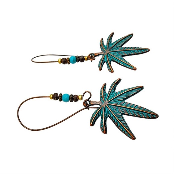Leaf Metal Drop Earrings Bohemian Ear Jewelry Boho Style Blue - Picture 3 of 4
